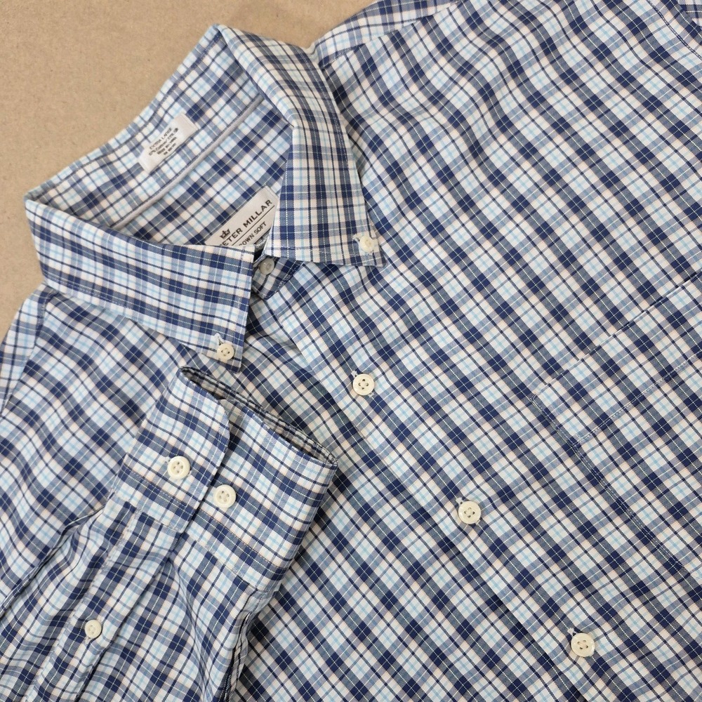 Peter Millar‎ Crown Soft Shirt Men's XL Silk Cotton Button-Down Plaid Blue